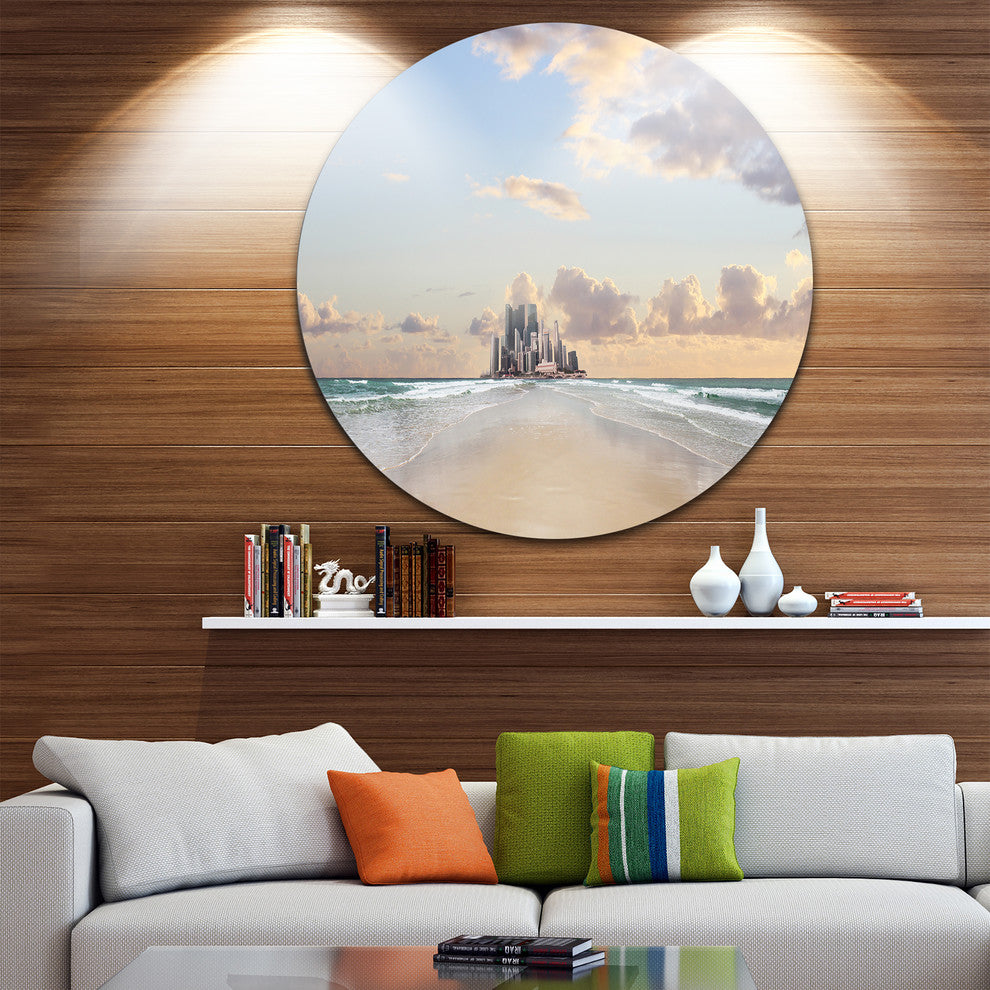 Road Along The Beach To City, Modern Seascape Round Wall Art, 11"