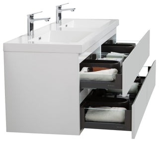 Aurora Wall Mount Vanity, White Acrylic Top, Glossy Polar White, 60" Double