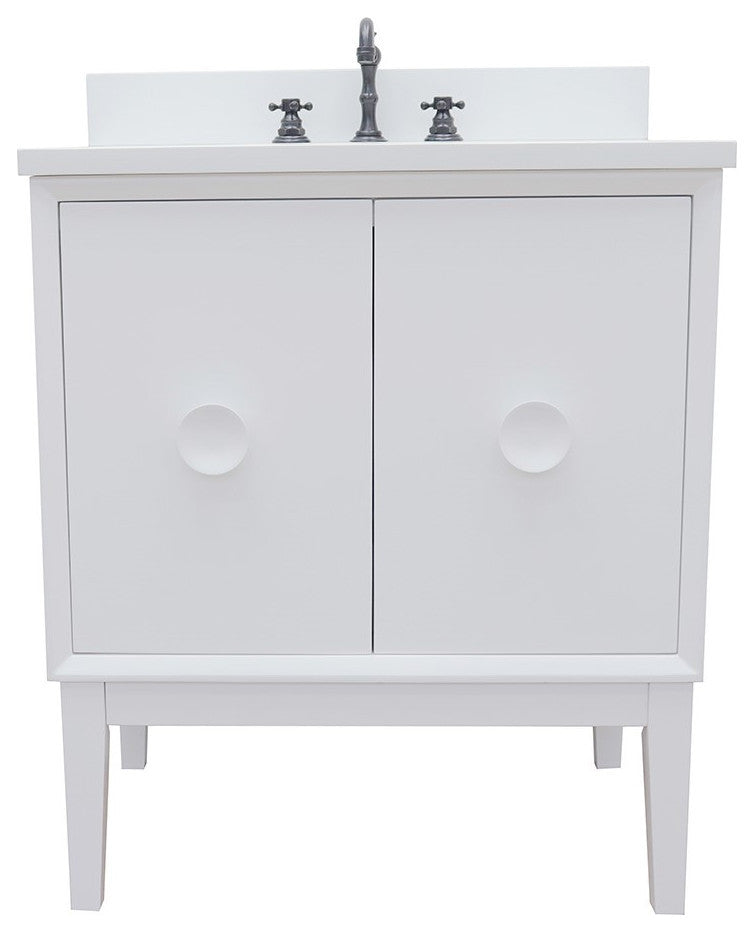 31" Single Vanity, White Finish With White Engineered Stone Top And Oval Sink