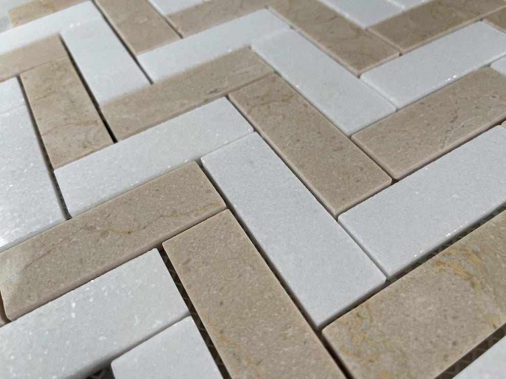 Crema Marfil Thassos White Marble 1x3 Herringbone Wall Floor Tile, 1 sheet