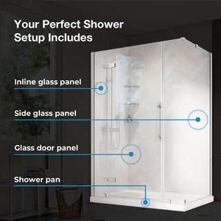 Tampa Corner Frameless Pivot Hinge Shower Door Kit With Base Pan, Black, 48x36"