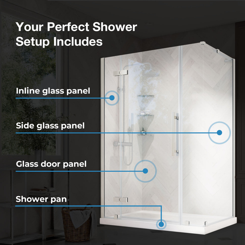 Tampa Corner Frameless Pivot Hinge Shower Door Kit With Base Pan, Black, 48x36"