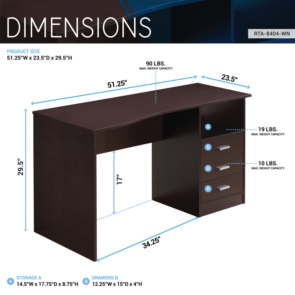 Techni Mobili Classy Computer Desk with 3 Drawers in Espresso