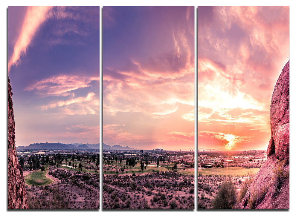 "Evening Red Sky Over Phoenix Arizona" Metal Wall Art, 3 Panels, 36"x28"