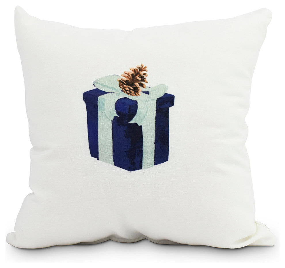 Gift Wrapped Navy Blue Holiday Print Decorative Outdoor Throw Pillow, 18"