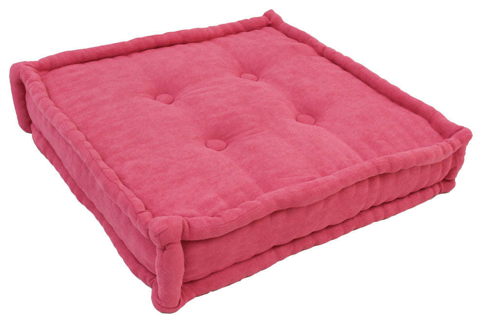 25" Square Corder Floor Pillow with Button Tufts, Berry Berry
