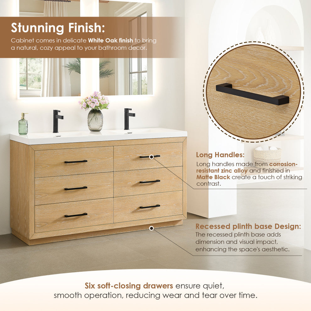 Sigrid Bathroom Vanity, White Oak, 60", No Mirror