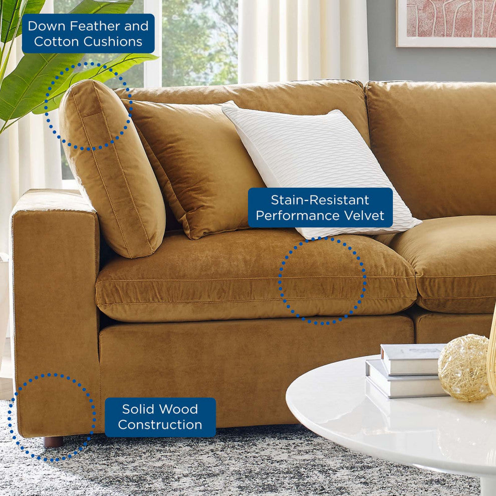 Commix Down Filled Overstuffed Performance Velvet 3-Seater Sofa Cognac