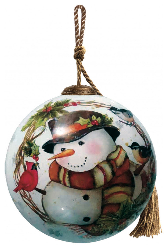Winter Wreath Forest Snowman Hand Painted Mouth Blown Glass Ornament