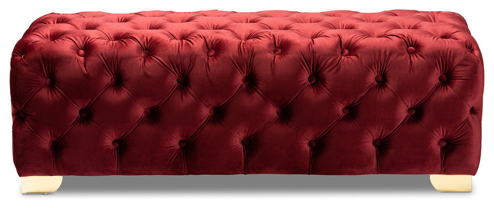 Kimberly Luxe Velvet Upholstered Gold Button Tufted Bench Ottoman Bur