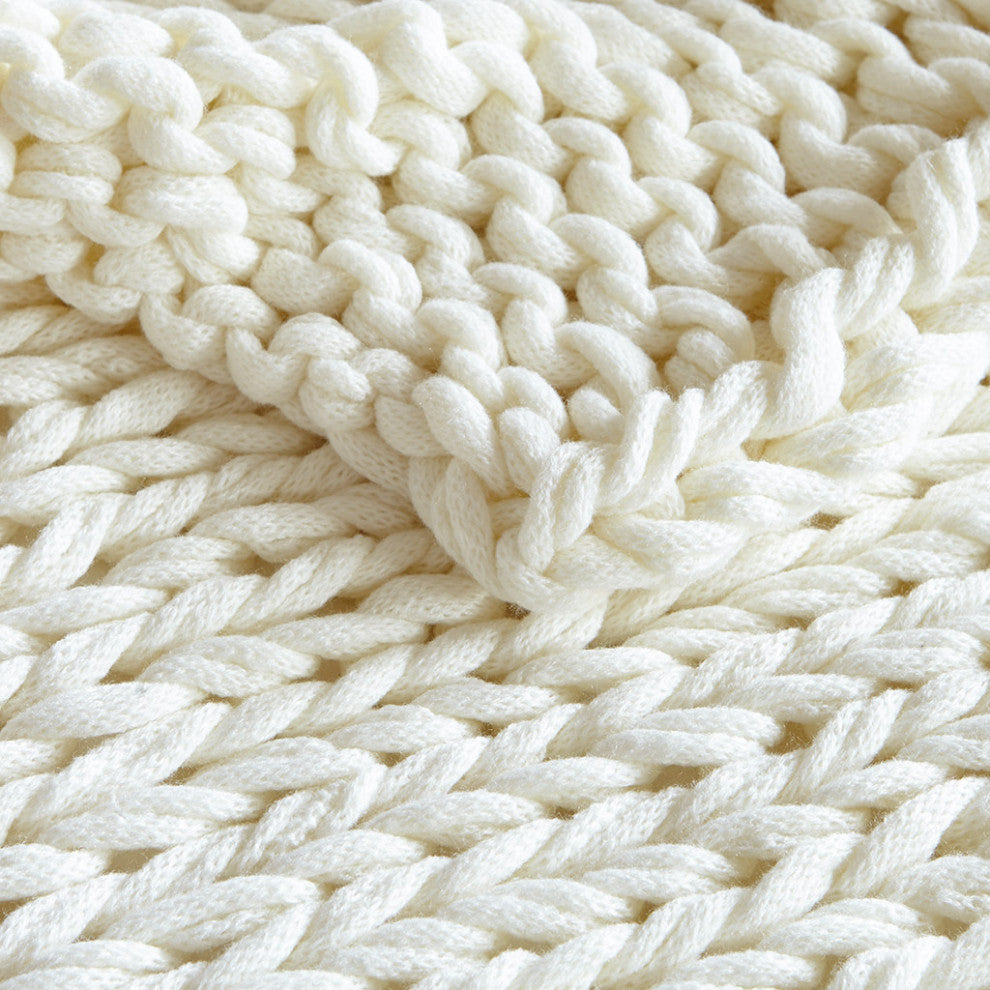 Madison Park Chunky Double Knit Handmade Throw Blanket, Blush, Ivory