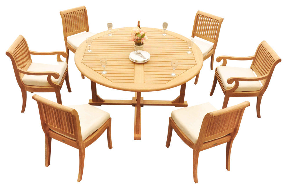 7-Piece Outdoor Patio Teak Dining Set: 60" Round Table, 6 Giva Arm/Armless Chair