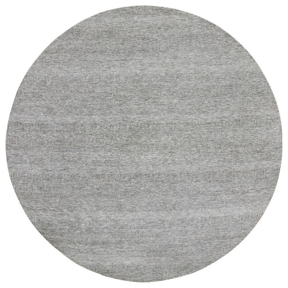 Storm Gray Grass Design Organic Undyed Wool Hand Knotted Round Rug 11'2"x11'2"