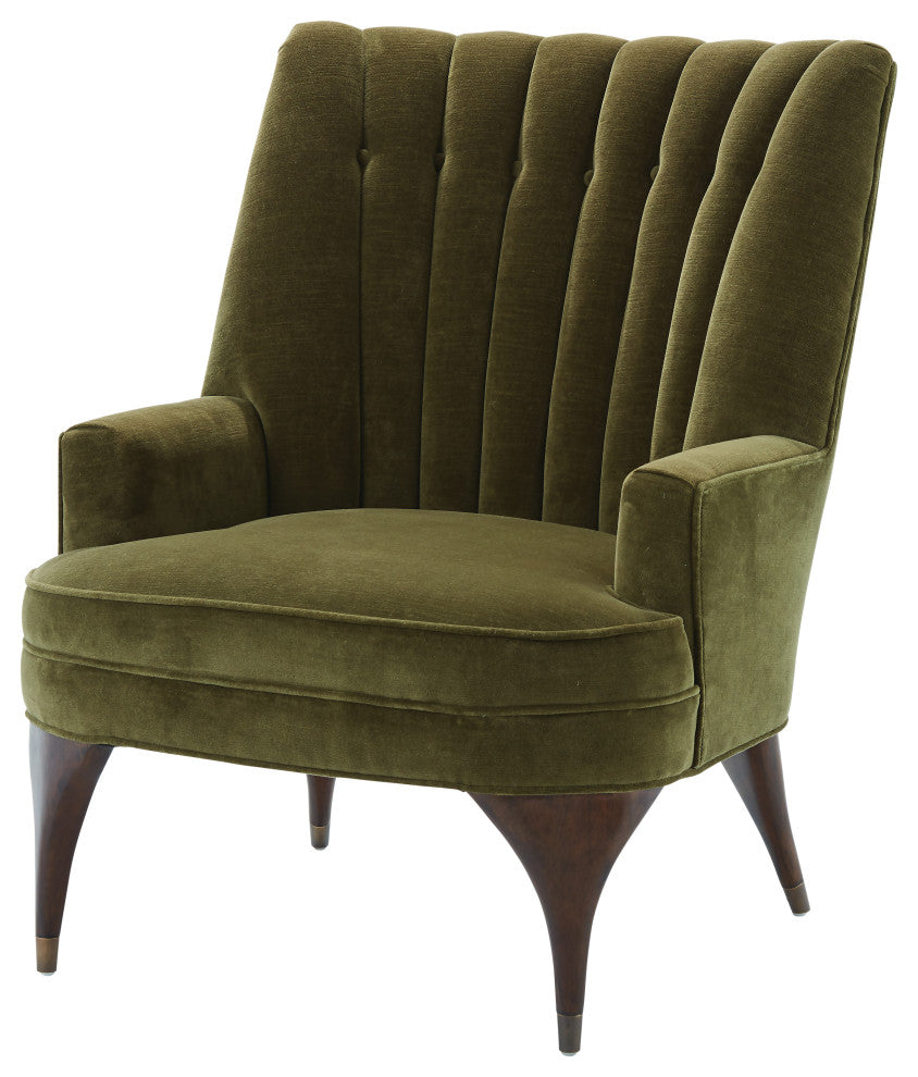 Luxe Moss Green Velvet Arm Chair Channel Back Tufted Mid Century Wood Brass