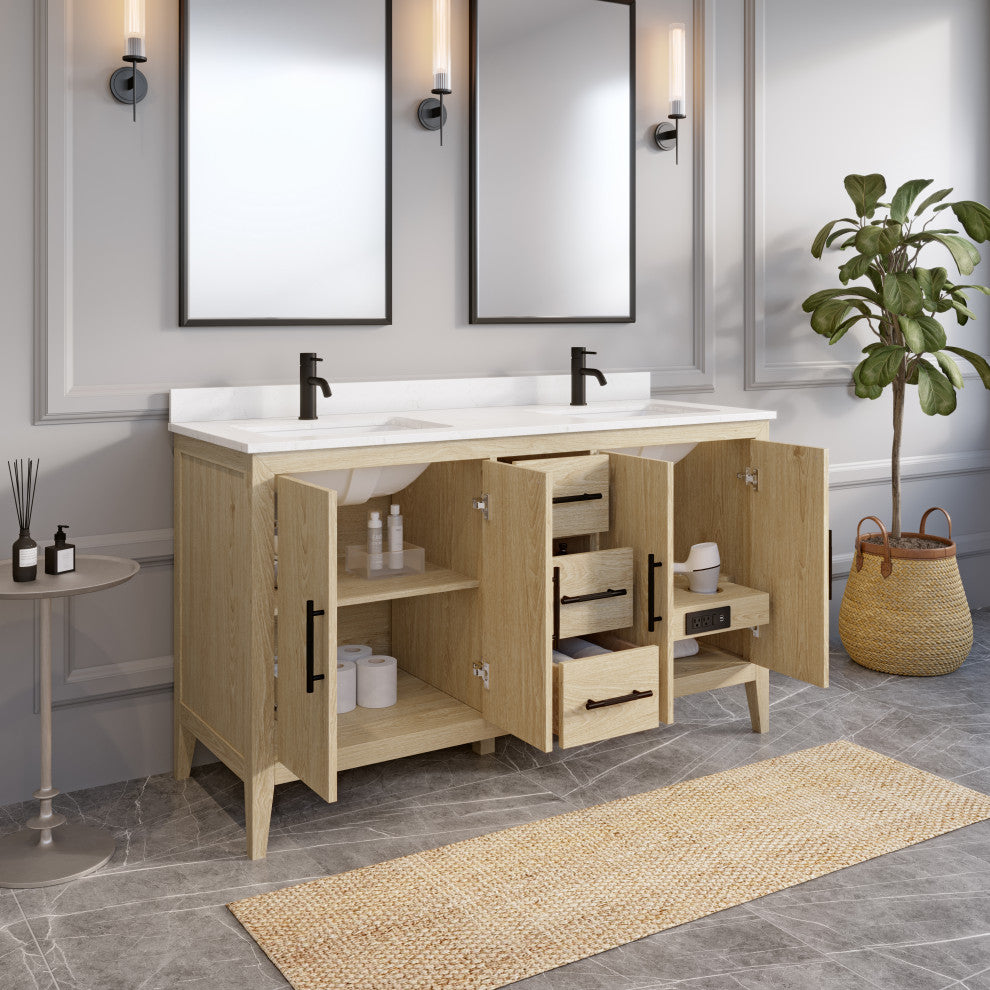 Vienna 60" Double Vanity With With Power Bar and Drawer Organizer, White Oak