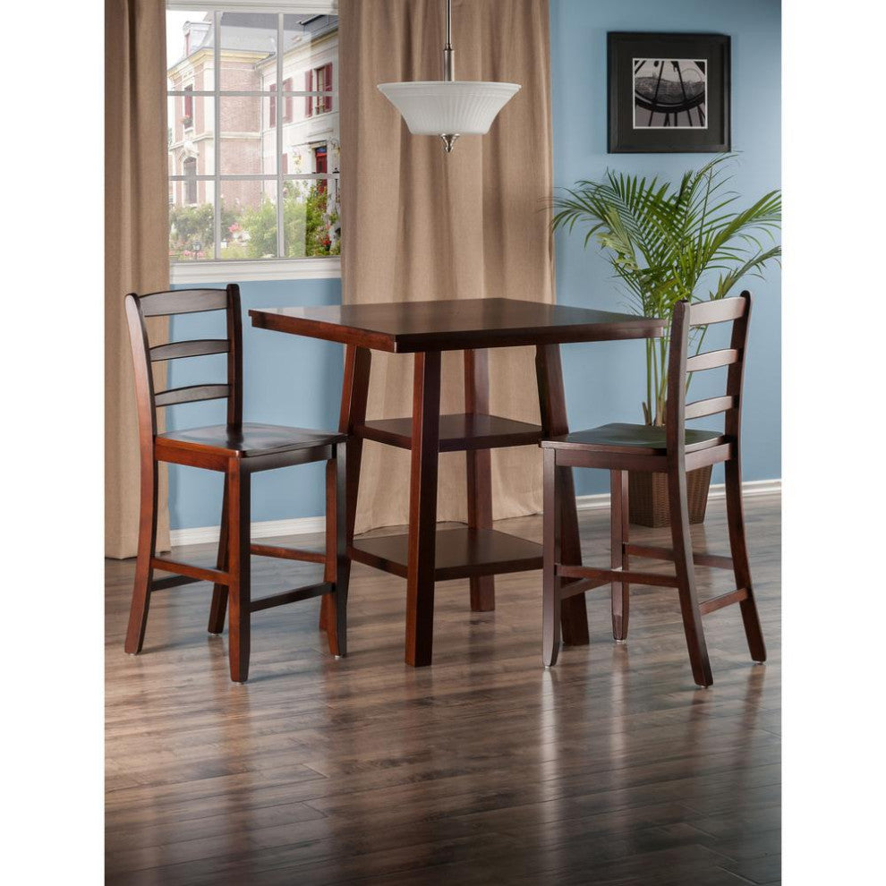 Orlando 3-PieceSet, High Table With 2 Shelves and 2 Ladder Back Stools, Walnut