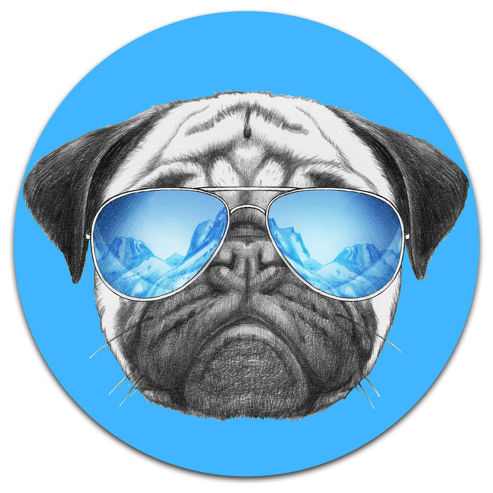 Pug Dog With Mirror Sunglasses, Animal Round Wall Art, 23"