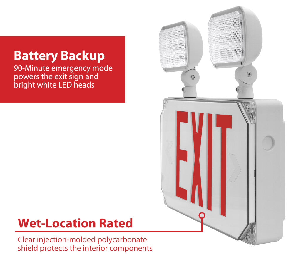 ECL5 LED Wet Location  Exit Sign with Adjustable Light Heads, Red Lettering