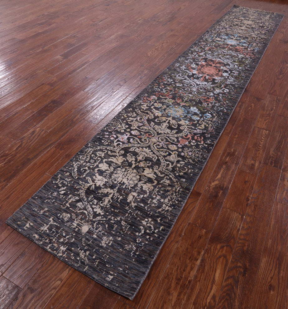 2' 6" X 14' 4" Runner Modern Wool and Silk Handmade Rug Q11838