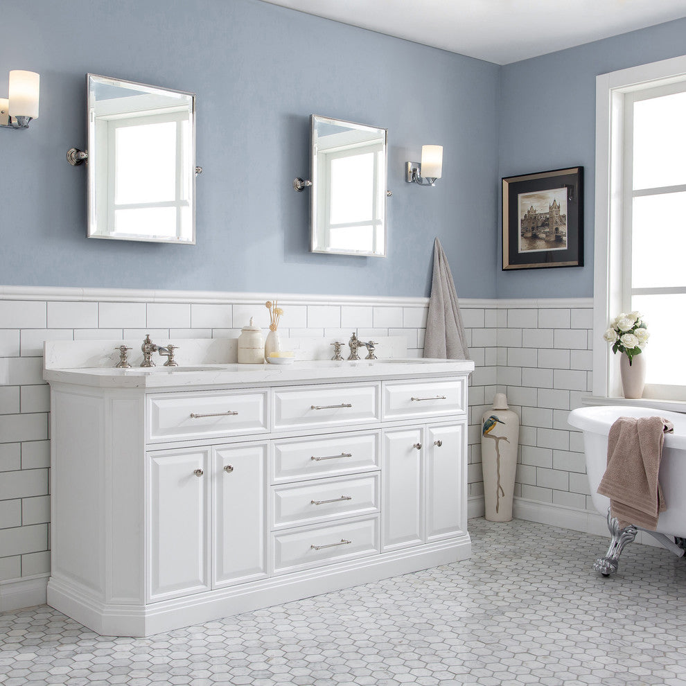 72" Palace Quartz Pure White Vanity With Hardware, Faucets in Polished Nickel