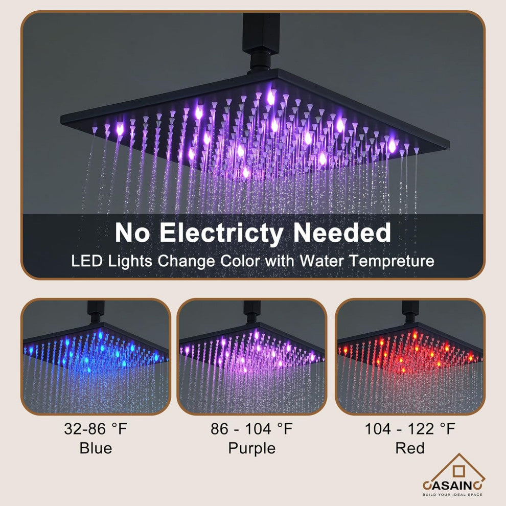 CASAINC 12" Ceiling Mounted Luxury LED Shower Head Handheld Spray, Matte Black