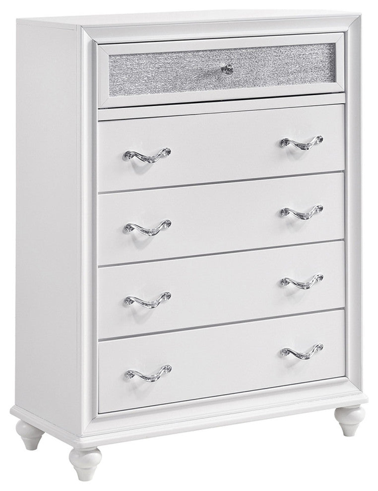 5 Drawers Chest With Acrylic Crystal Accent, Gray and White