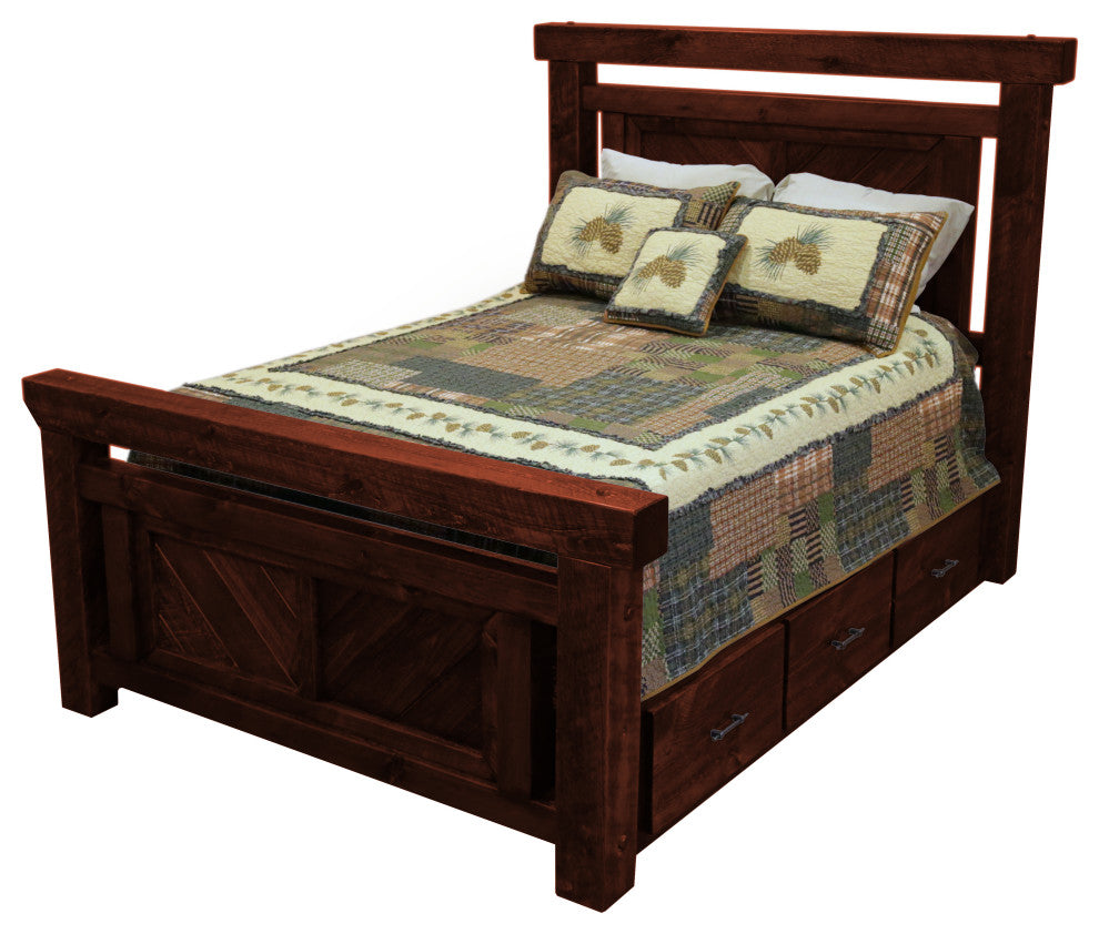 Barnwood Style Timber Peg Panel Platform Bed with Footboard, Michael's Cherry, Queen