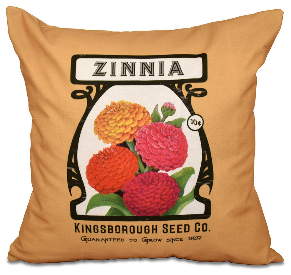 Zinnia, Floral Print Pillow, Gold, 18"x18"
