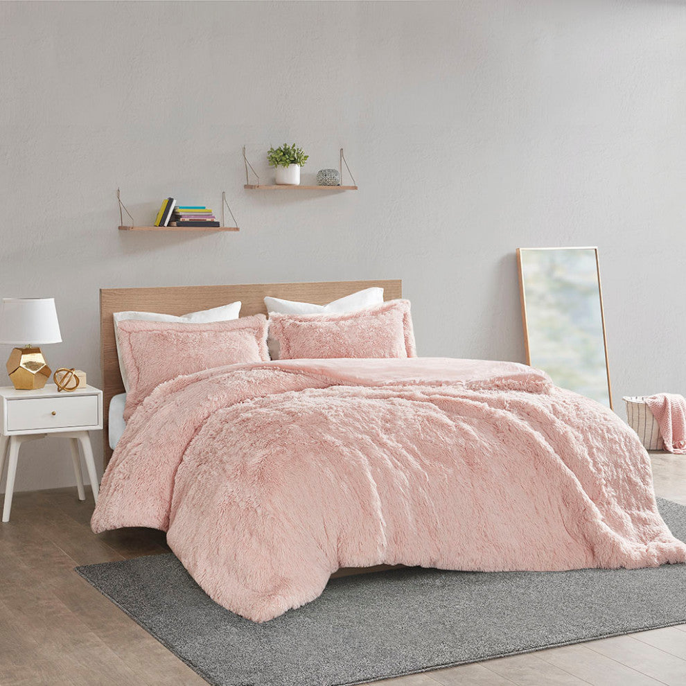 Intelligent Design Malea Shaggy Fur Duvet Cover Set, Blush