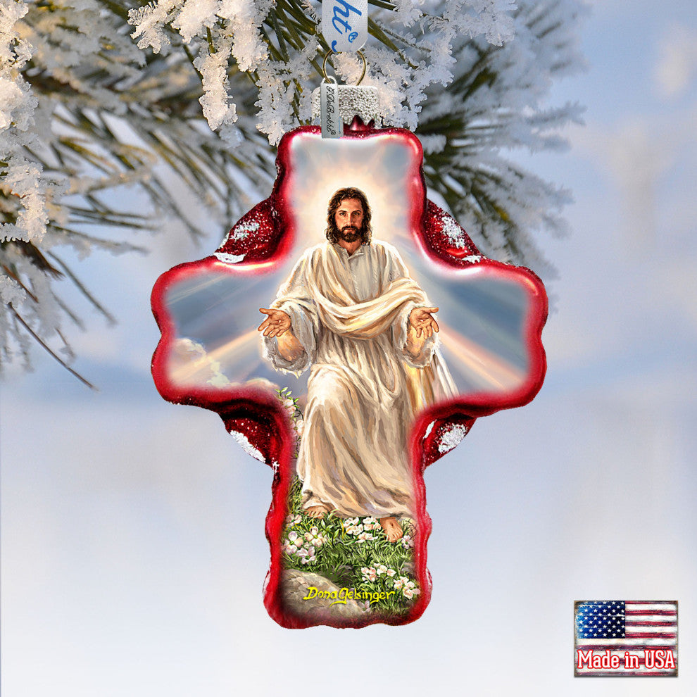 Jesus Resurrections Icon Cross Glass Ornament