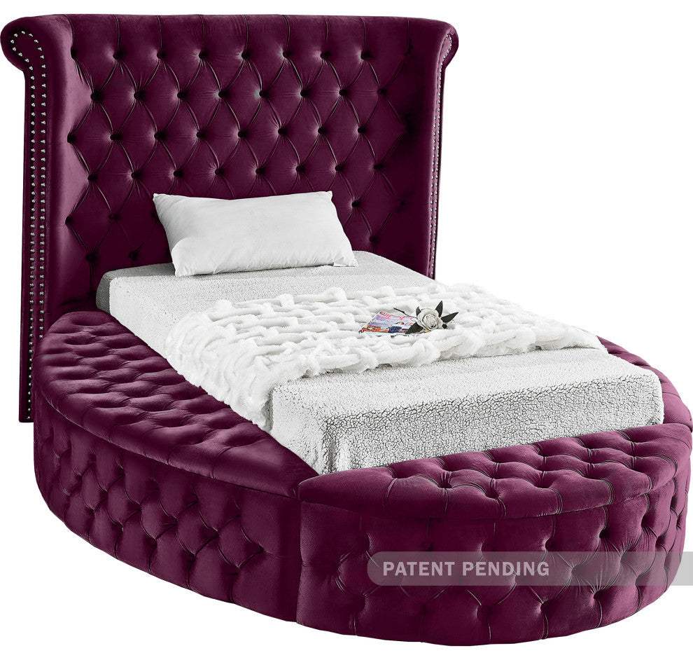 Luxus Button Tufted Velvet Round Bed, Purple, Twin
