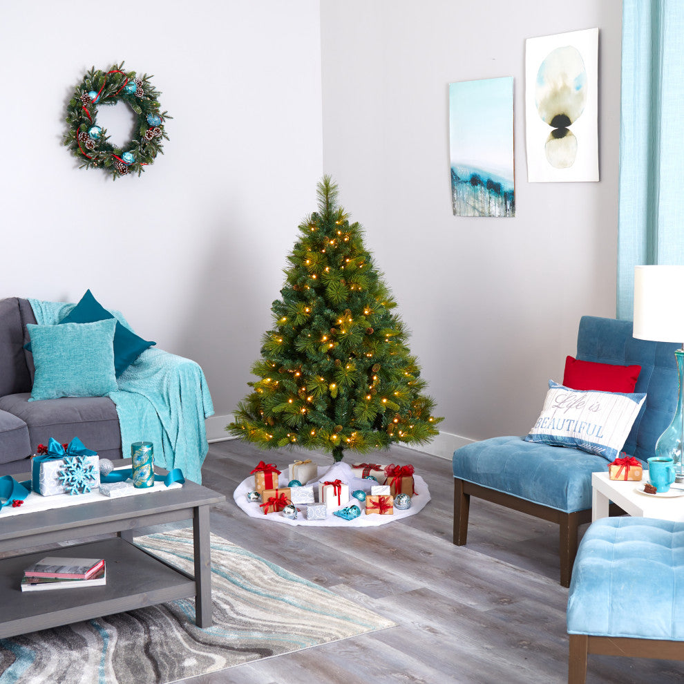 5' North Carolina Pine Faux Xmas Tree W/Lights, Bendable Branches & Pinecones