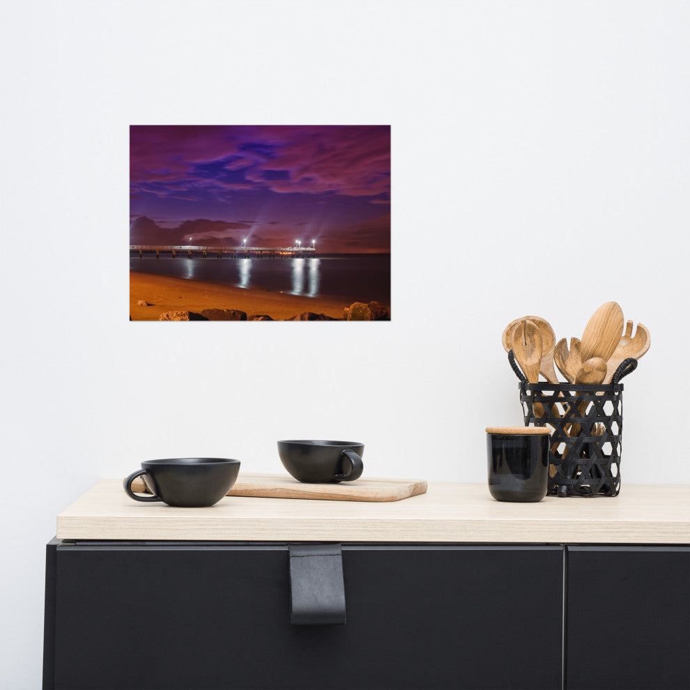 The Pier at Woodland Beach Night Coastal Photo Unframed Wall Art Print, 12" X 16"