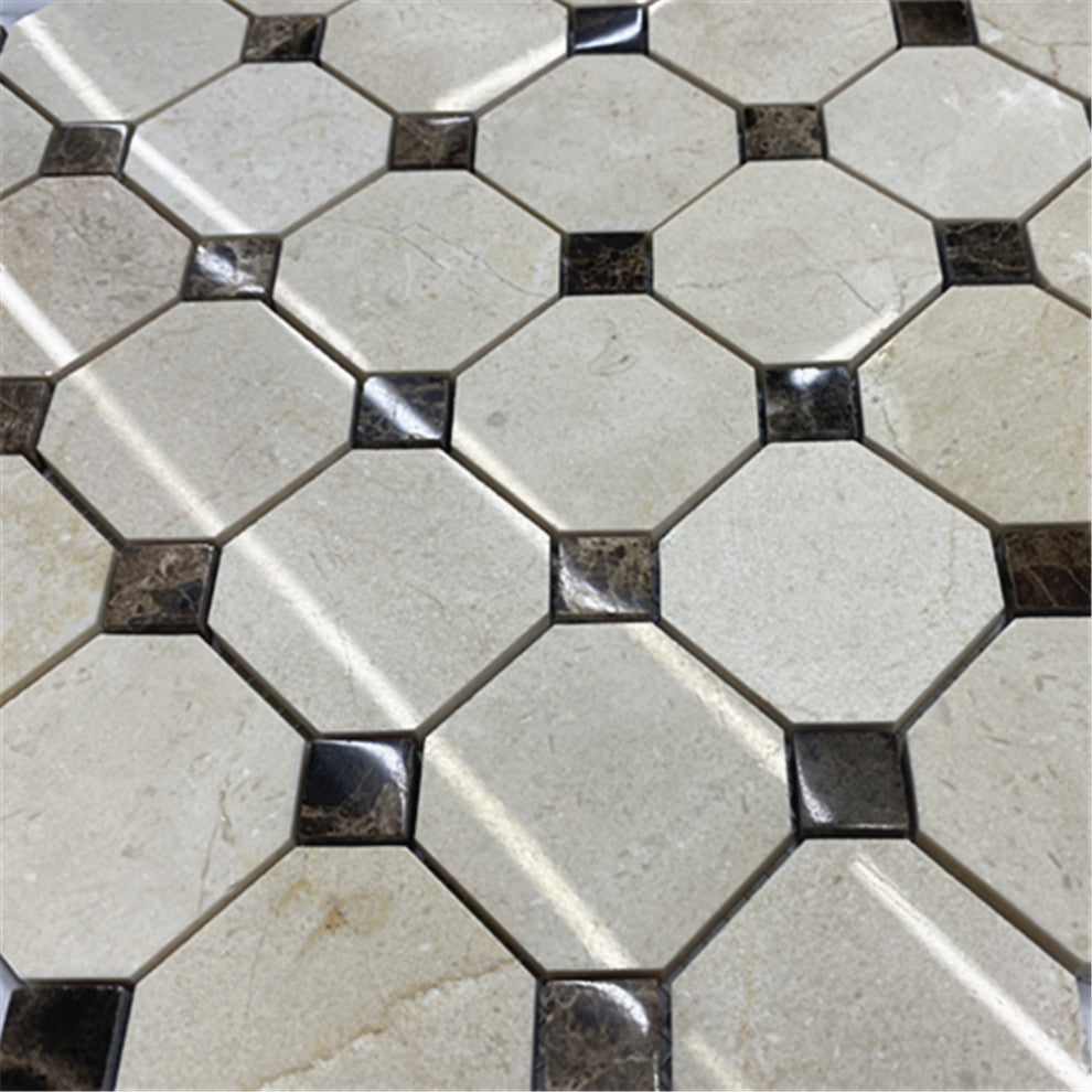 Crema Marfil Marble 2 inch Octagon Mosaic Tile Emperador Dots Polished, 1 sheet