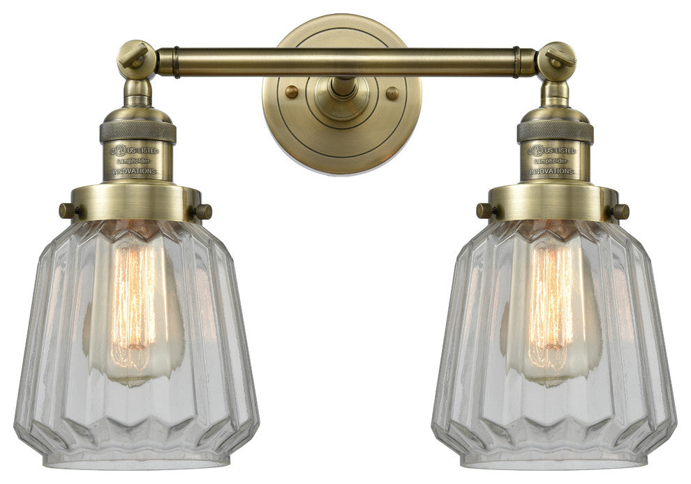2-Light Chatham 16" Bath Fixture, Antique Brass, Glass: Clear
