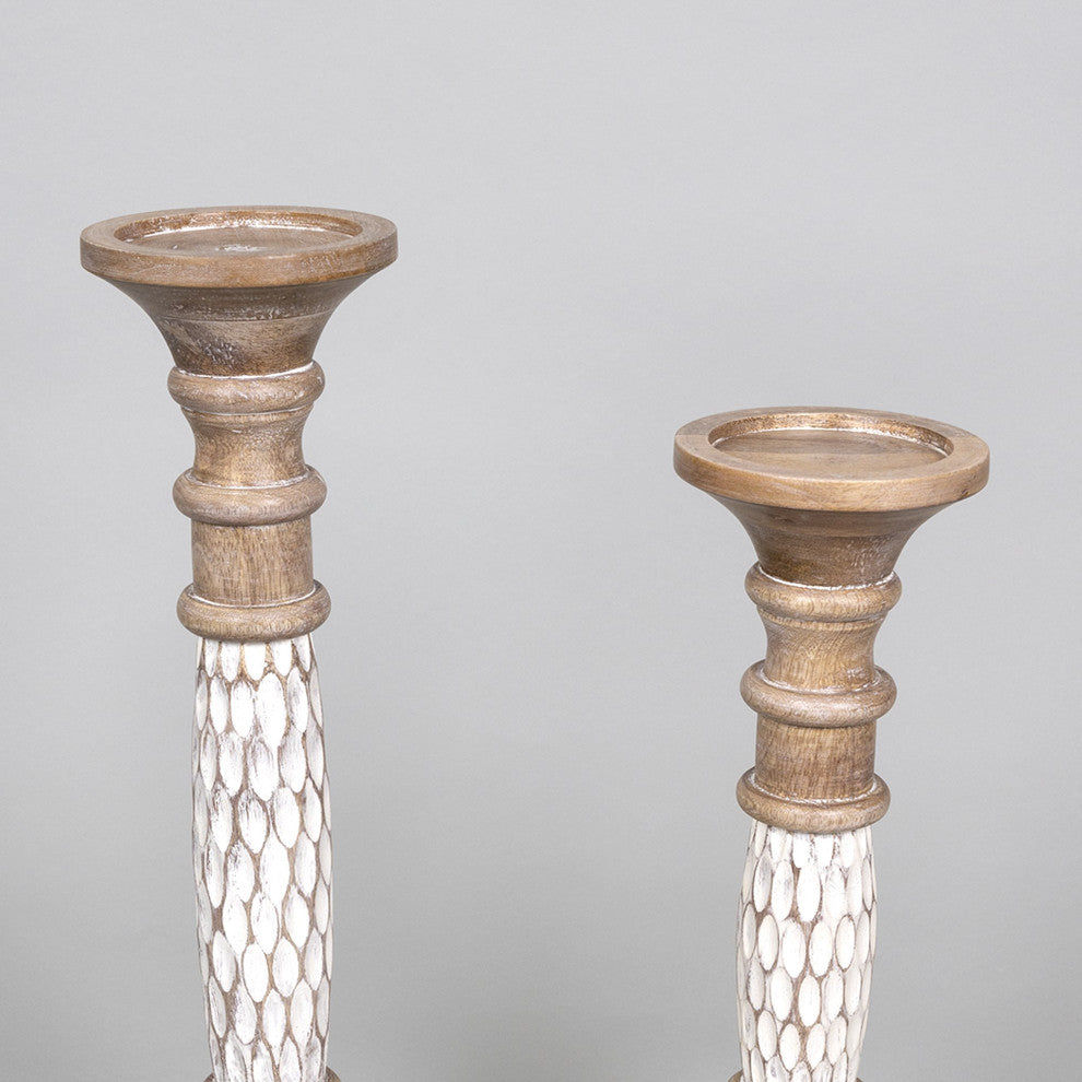 Set of Two White Wooden Carved Candle Holders