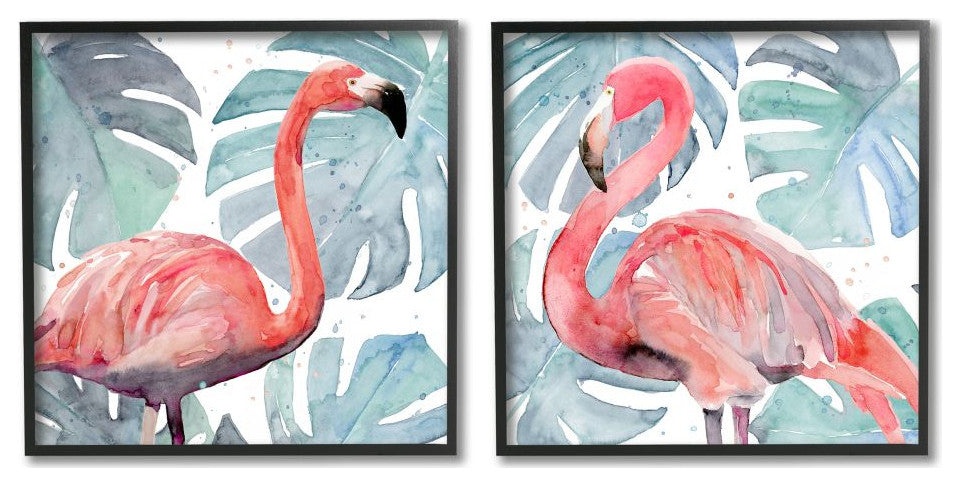 Tropical Flamingos with Green Monstera Plants2-Piece, 12x12