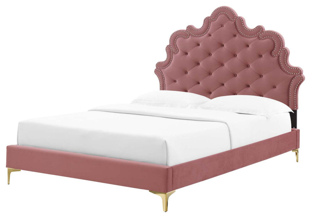 Tufted Platform Bed Frame, Queen Size, Velvet, Pink, Modern Contemporary