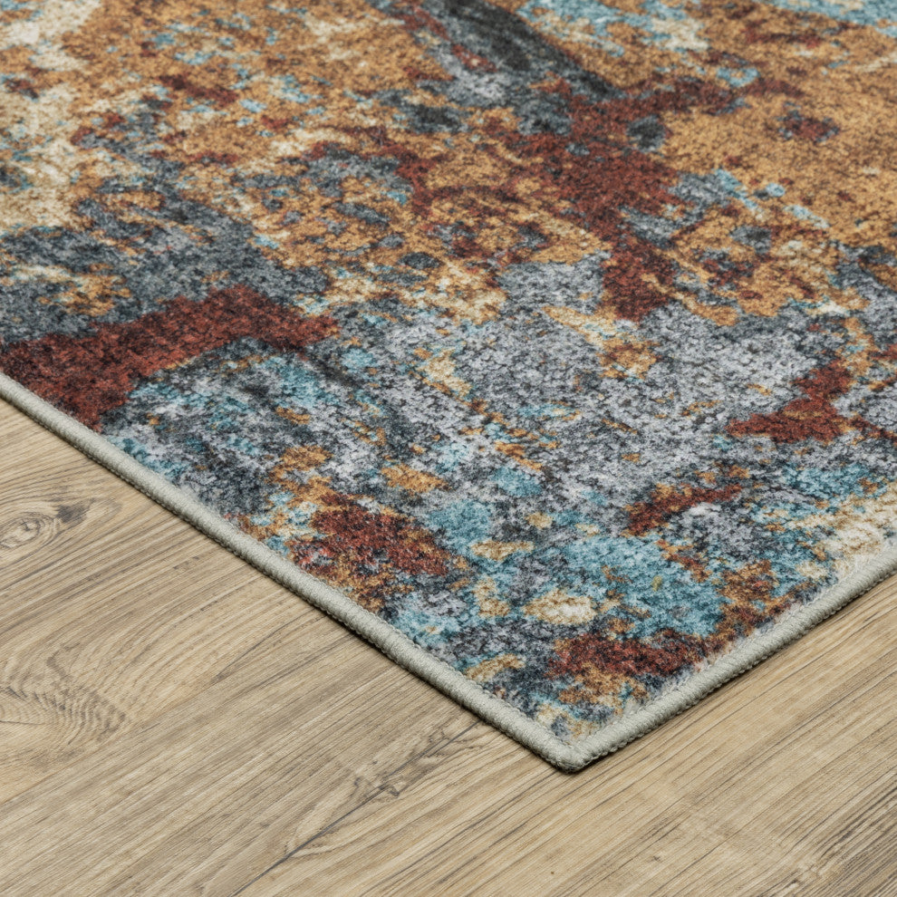 Sasha Abstract Earth Machine Washable Rust/Blue Area Rug Mat 5' x 7'