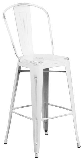 Commercial Grade 30" High Distressed White Metal Indoor-Outdoor Barstool,Back