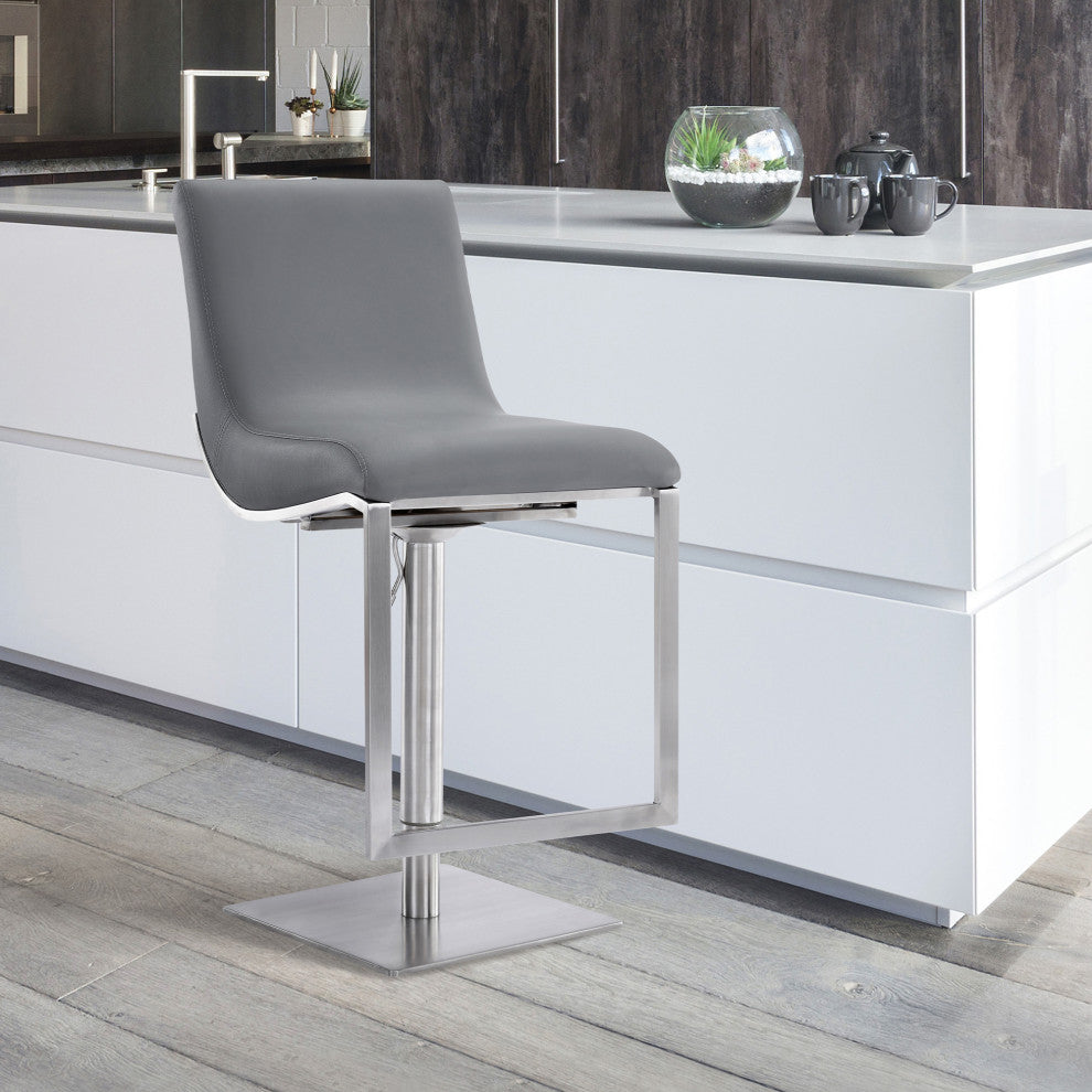 Wezen Swivel Barstool, Gray Faux Leather, Brushed Stainless Steel
