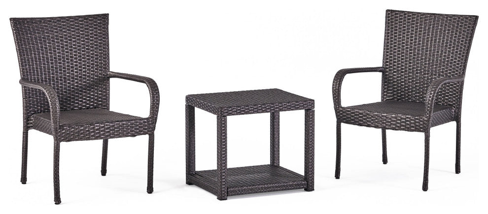 GDF Studio 3-Piece Parham Outdoor Gray Wicker Stacking Chair Chat Set, Box Table