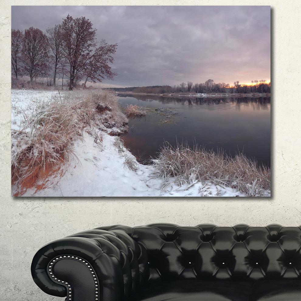 Winter River in Dark Morning, Oversized Seashore Wall Art on Canvas, 60x40