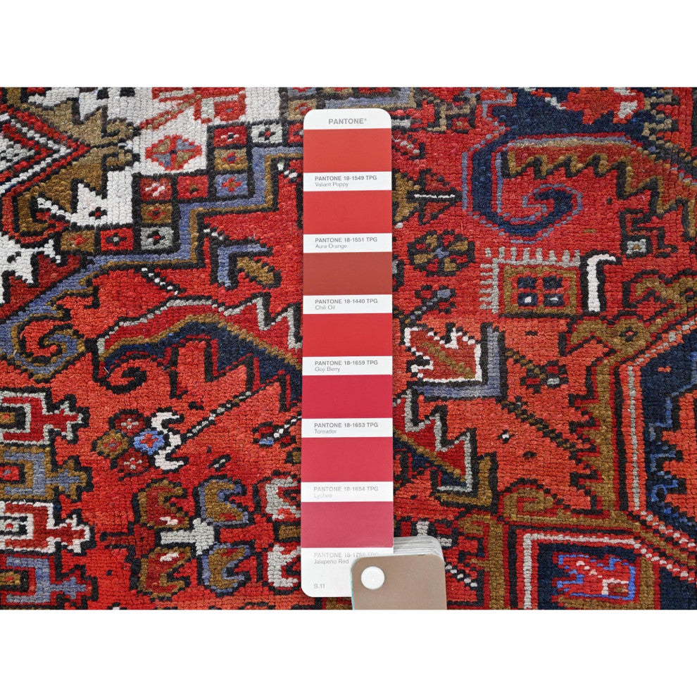 Raspberry Red Worn Wool Hand Knotted Semi Antique Persian Heriz Rug 7'9"x11'