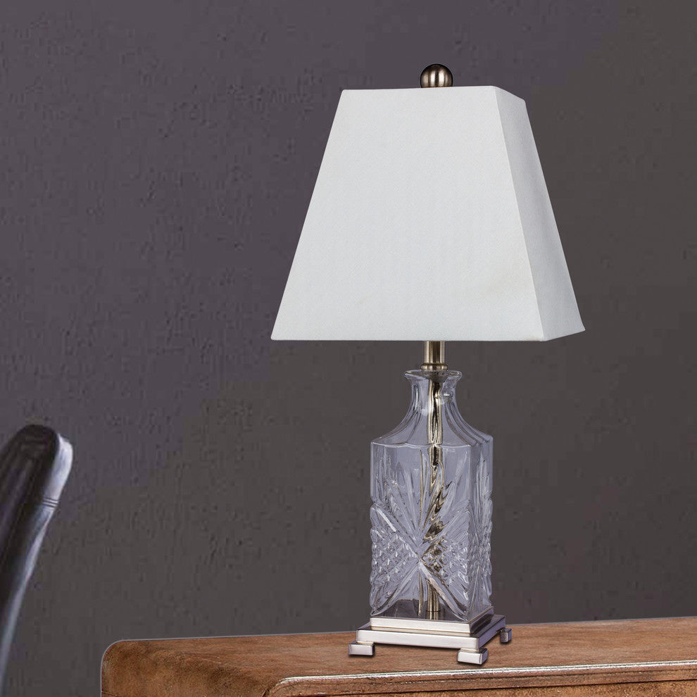 21.5" Decorative Cut Glass & Metal Table Lamp, Clear & Brushed Steel