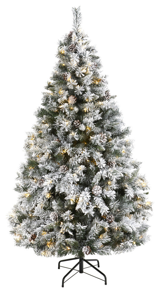 6' Flocked White River Mountain Pine Faux Xmas Tree W/Pinecones & Clear Lights