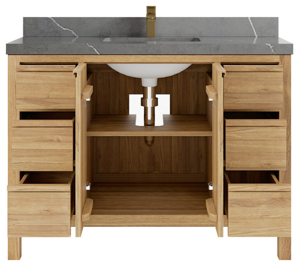 Elizabeth 48 Single Sink Bath Vanity in Light Natural Teak 2" Piatra Gray
