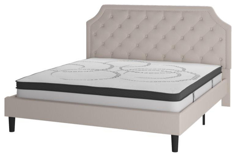 Roxbury Upholstered Platform Bed -10 Inch Foam & Pocket Spring Mattress, Beige With Nail Trim, King