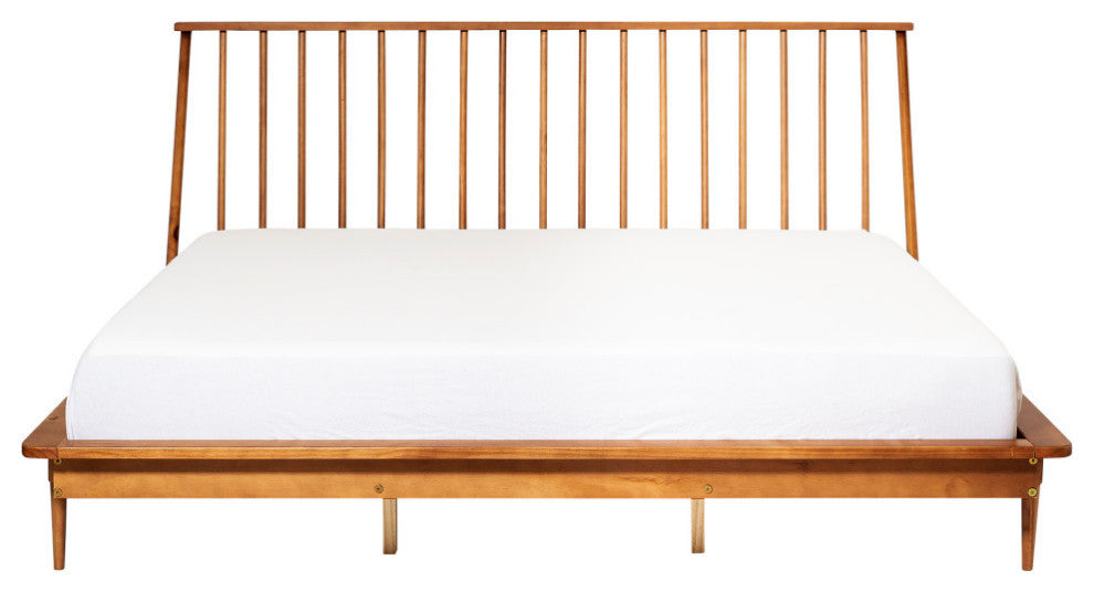 King Mid Century Modern Solid Wood Spindle Platform Bed - Caramel