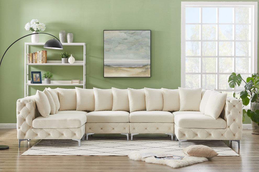 Tremblay Velvet Upholstered 6-Piece Modular U-Shaped Sectional, Cream